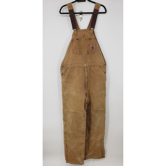 Vintage Carhartt Thrashed Duck Canvas Quilted Lined Bib Overalls 42x34 Distress